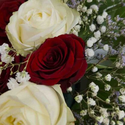 Detaljbild Begravningkrans med röda och vita rosor